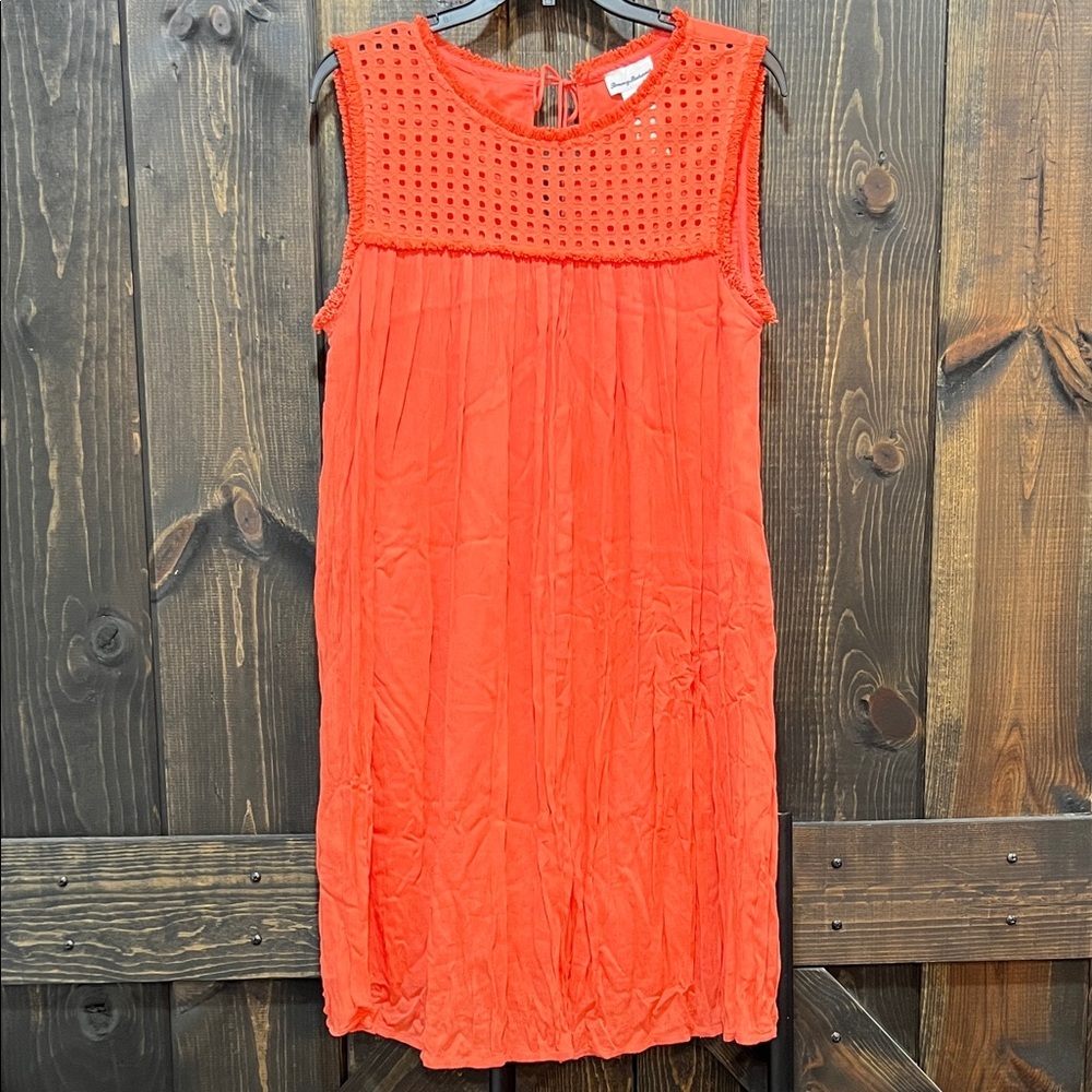 Tommy Bahama Eyelet Mini Dress M Coral Pink Fringe Boho Sleevless Resortwear